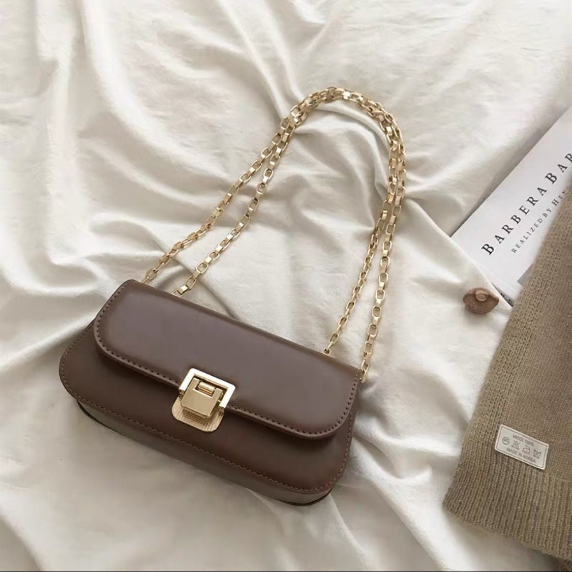 French Vintage Chain Baguette Crossbody Bag
