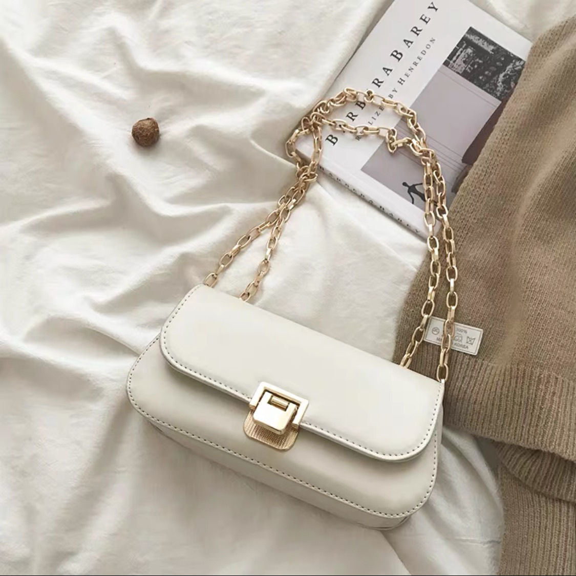 French Vintage Chain Baguette Crossbody Bag