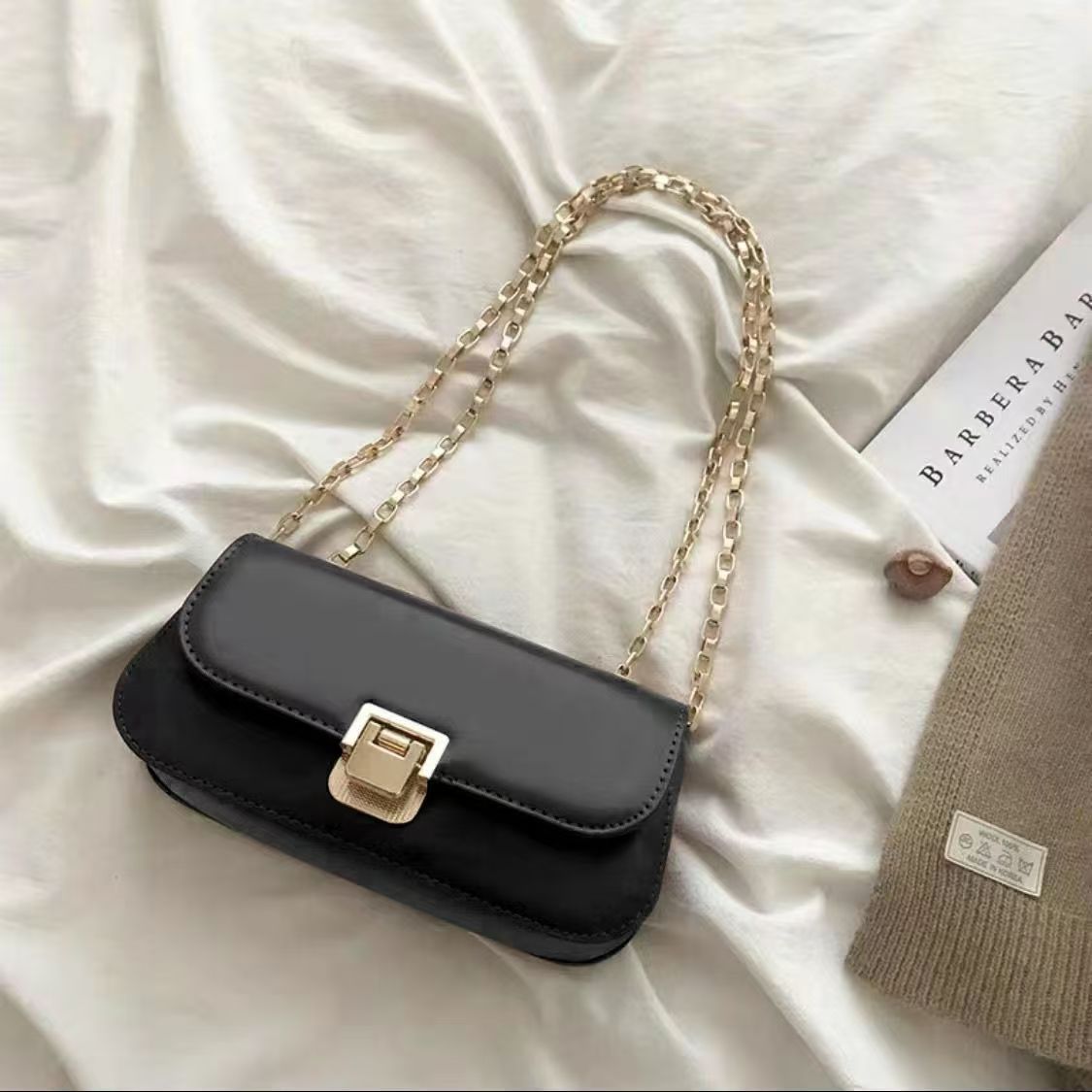 French Vintage Chain Baguette Crossbody Bag